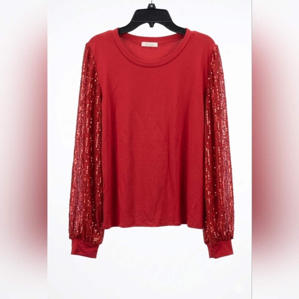 Les Amis Red Long Sleeve Top with Sequin Balloon Sleeves~Size Medium~NWOT